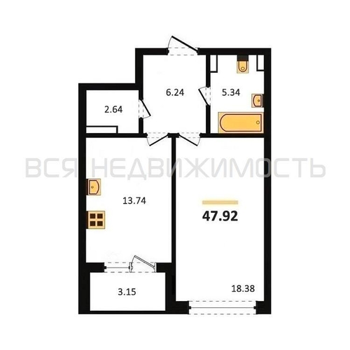1-комнатная квартира, 47.92кв.м - изображение 0