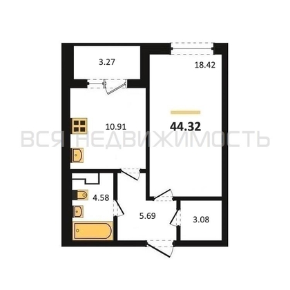 1-комнатная квартира, 44.32кв.м - изображение