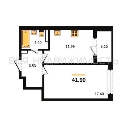 1-комнатная квартира, 41.9кв.м - изображение