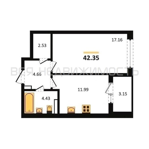1-комнатная квартира, 42.35кв.м - изображение 0