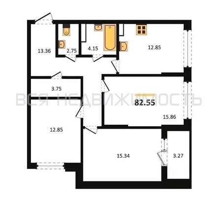 3-комнатная квартира, 82.55кв.м - изображение