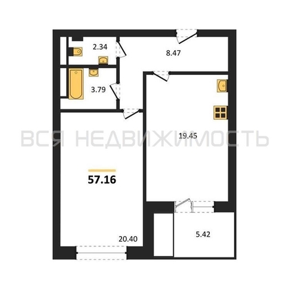 1-комнатная квартира, 57.16кв.м - изображение
