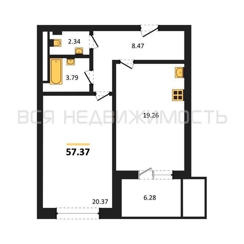 1-комнатная квартира, 57.37кв.м - изображение 0