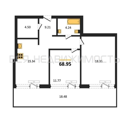 2-комнатная квартира, 68.95кв.м - изображение
