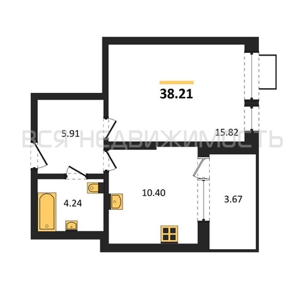 1-комнатная квартира, 38.21кв.м - изображение