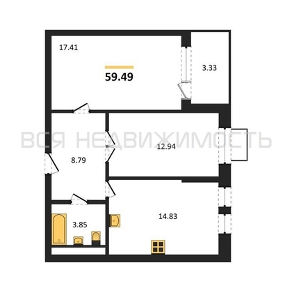 2-комнатная квартира, 59.49кв.м - изображение