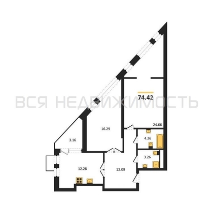 2-комнатная квартира, 74.42кв.м - изображение