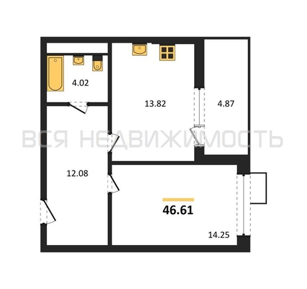 1-комнатная квартира, 46.61кв.м - изображение