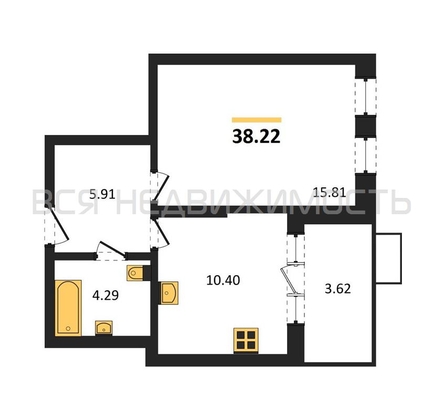 1-комнатная квартира, 38.22кв.м - изображение