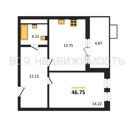 1-комнатная квартира, 46.75кв.м - изображение