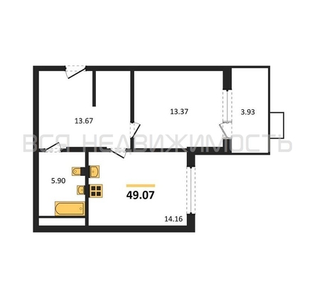 1-комнатная квартира, 49.07кв.м - изображение