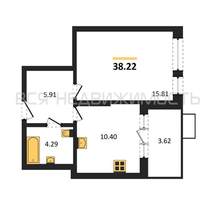 1-комнатная квартира, 38.22кв.м - изображение