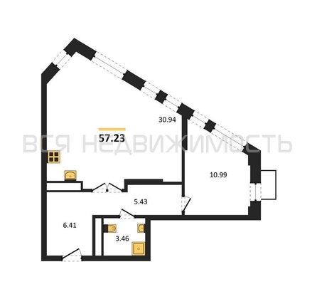 1-комнатная квартира, 57.23кв.м - изображение