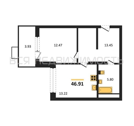 1-комнатная квартира, 46.91кв.м - изображение