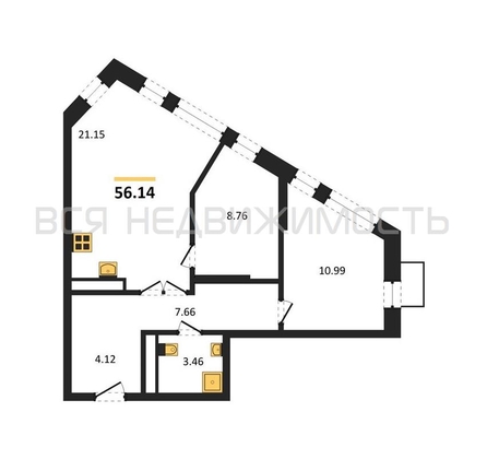 2-комнатная квартира, 56.14кв.м - изображение