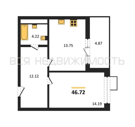 1-комнатная квартира, 46.72кв.м - изображение