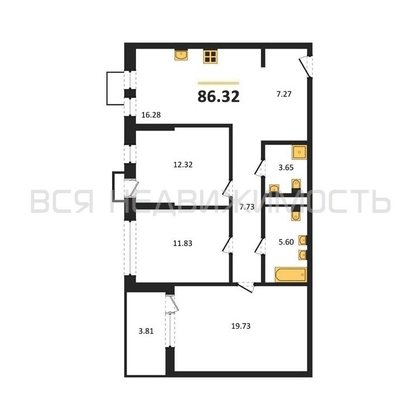 3-комнатная квартира, 86.32кв.м - изображение