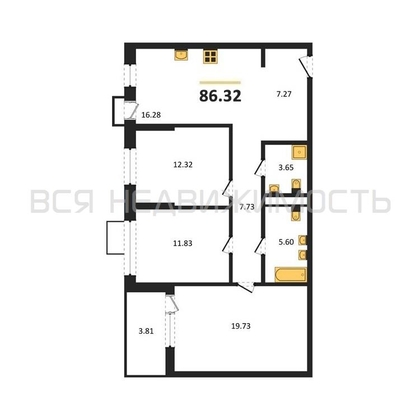 3-комнатная квартира, 86.32кв.м - изображение