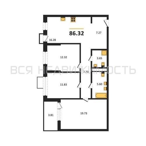 3-комнатная квартира, 86.32кв.м - изображение 0