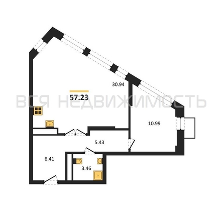 1-комнатная квартира, 57.23кв.м - изображение