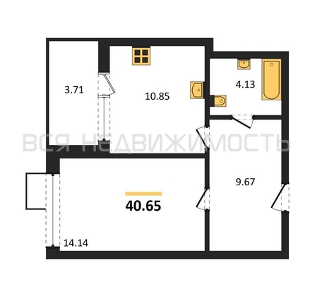 1-комнатная квартира, 40.65кв.м - изображение