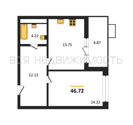 1-комнатная квартира, 46.72кв.м - изображение