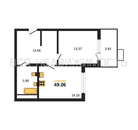 1-комнатная квартира, 49.06кв.м - изображение