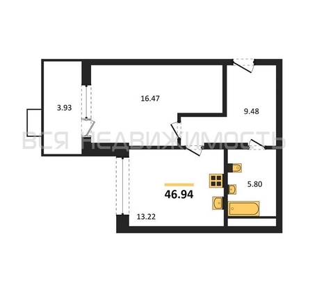 1-комнатная квартира, 46.94кв.м - изображение