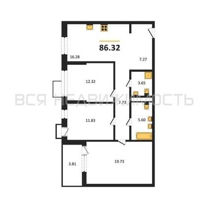 3-комнатная квартира, 86.32кв.м - изображение