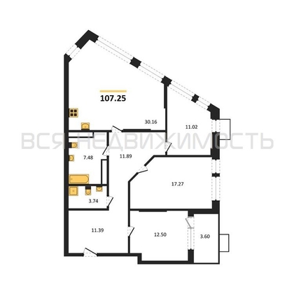 3-комнатная квартира, 107.25кв.м - изображение