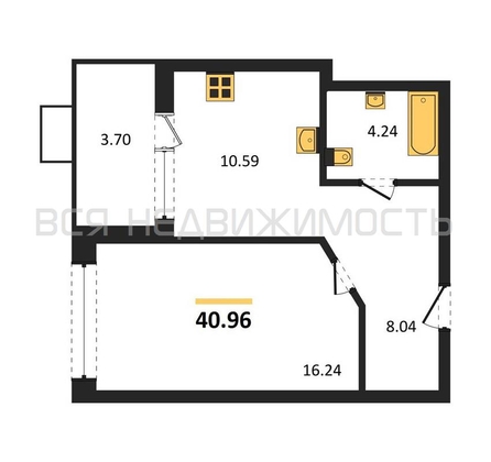 1-комнатная квартира, 40.96кв.м - изображение