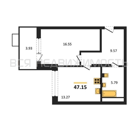 1-комнатная квартира, 47.15кв.м - изображение