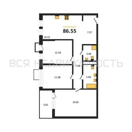 3-комнатная квартира, 86.55кв.м - изображение