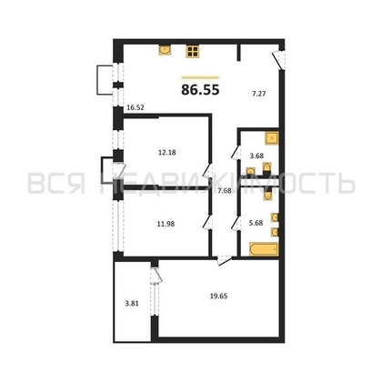 3-комнатная квартира, 86.55кв.м - изображение