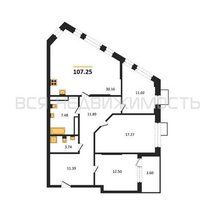 3-комнатная квартира, 107.25кв.м - изображение