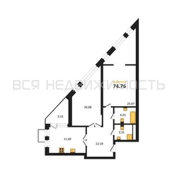 2-комнатная квартира, 74.76кв.м 2-комнатная квартира, 74.76кв.м - изображение 1