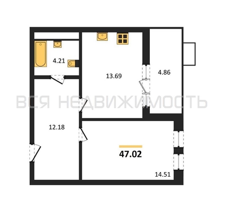 1-комнатная квартира, 47.02кв.м - изображение