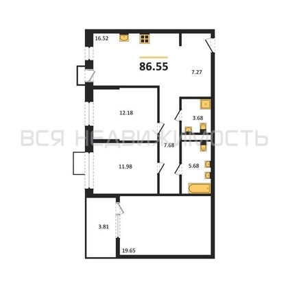 3-комнатная квартира, 86.55кв.м - изображение