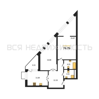 2-комнатная квартира, 74.76кв.м - изображение