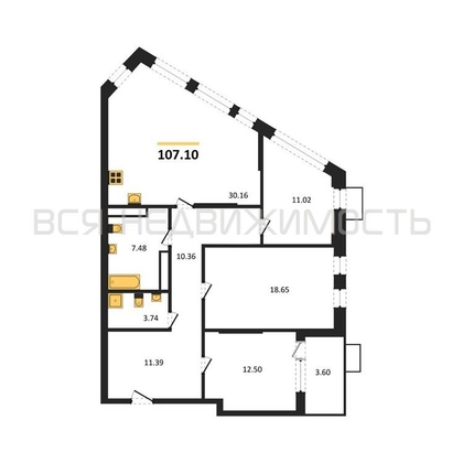 3-комнатная квартира, 107.1кв.м - изображение