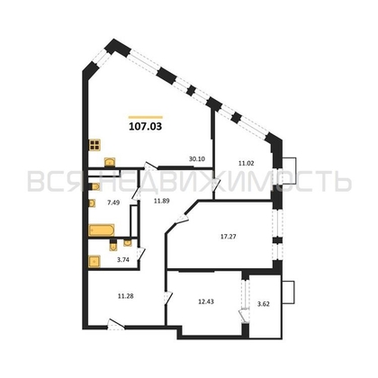 3-комнатная квартира, 107.03кв.м - изображение