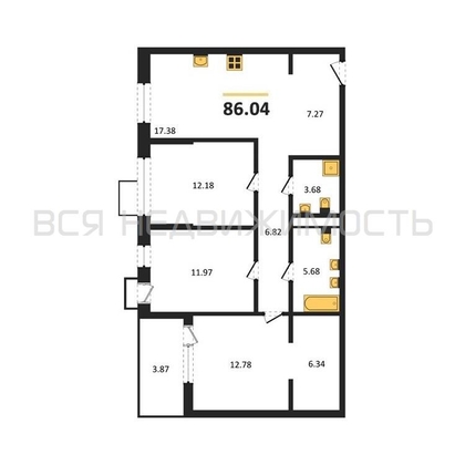 3-комнатная квартира, 86.04кв.м - изображение