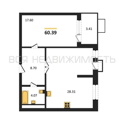 1-комнатная квартира, 60.39кв.м - изображение