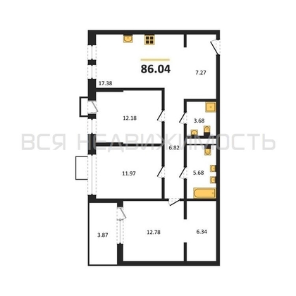 3-комнатная квартира, 86.04кв.м - изображение