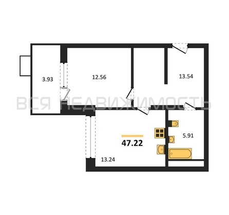1-комнатная квартира, 47.22кв.м - изображение