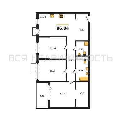 3-комнатная квартира, 86.04кв.м - изображение