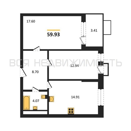 2-комнатная квартира, 59.93кв.м - изображение