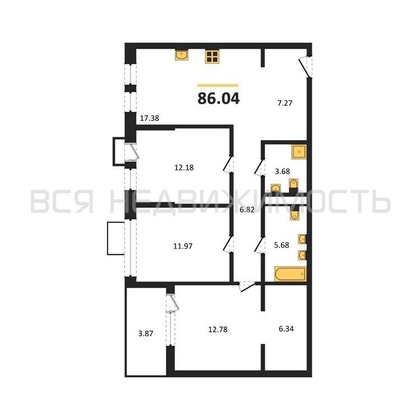 3-комнатная квартира, 86.04кв.м - изображение