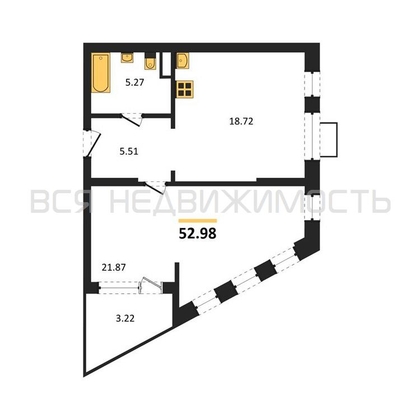 1-комнатная квартира, 52.98кв.м - изображение