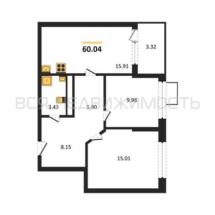 2-комнатная квартира, 60.04кв.м - изображение